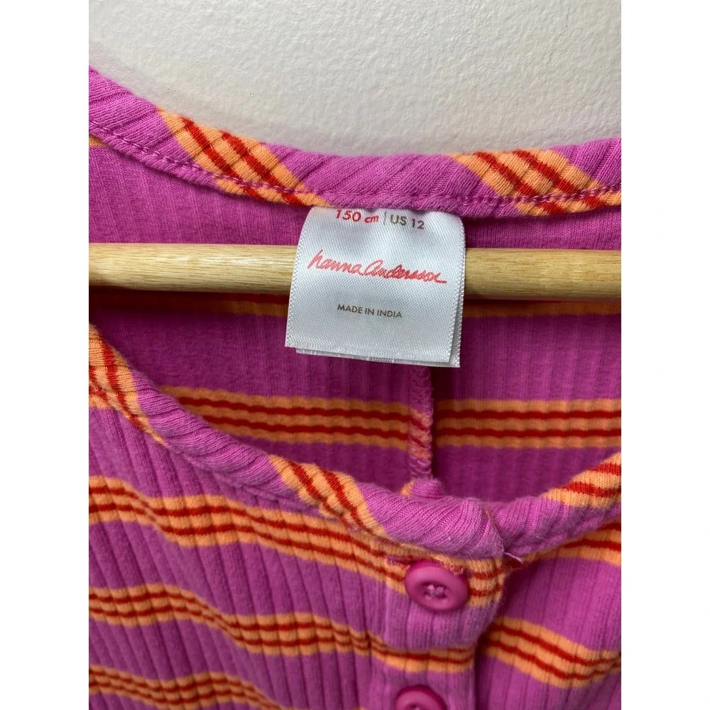 Hanna Andersson Girls Ribbed Striped Romper Jumpsuit Pink Orange Button Up Sz 12